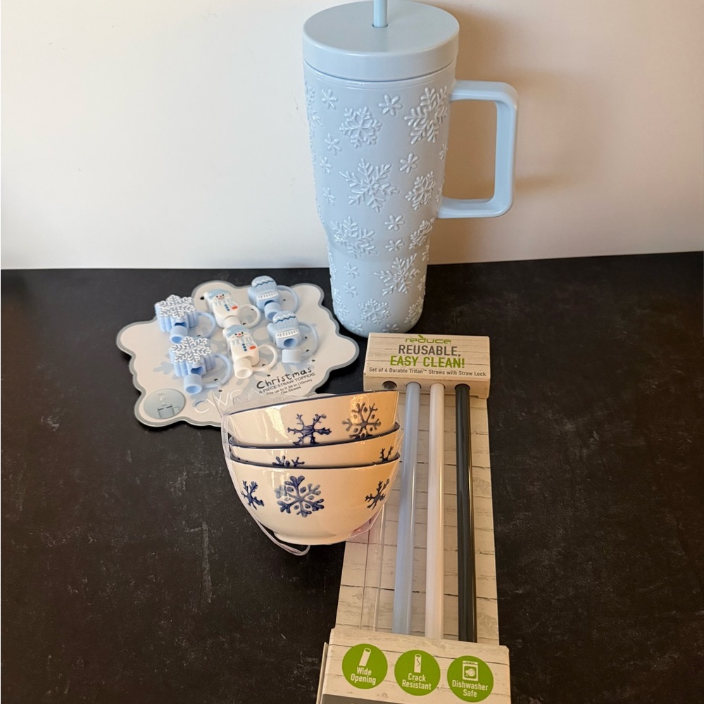 Light Blue Snowflake Tumbler with Straw